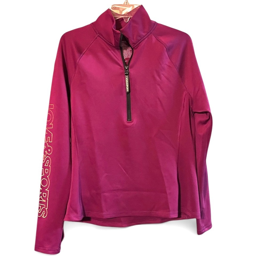 Love & Sports quarter zip athleisure pullover magenta gold block spellout sleeve